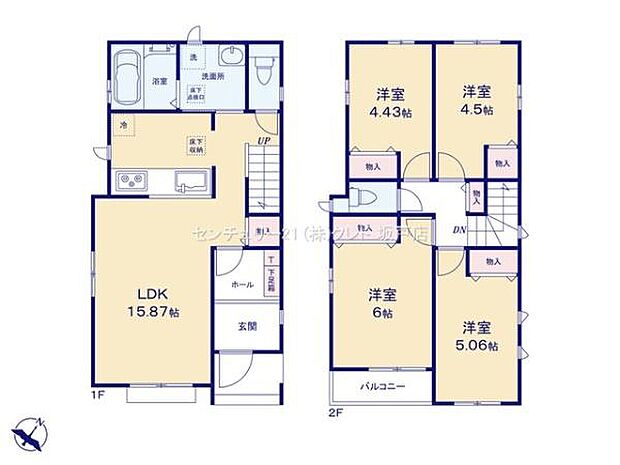 水回りを近くにまとめた家事ラク設計の4LDK。家族との会話も増える、リビング階段を採用したワンフロアタイプのLDK15.87帖。