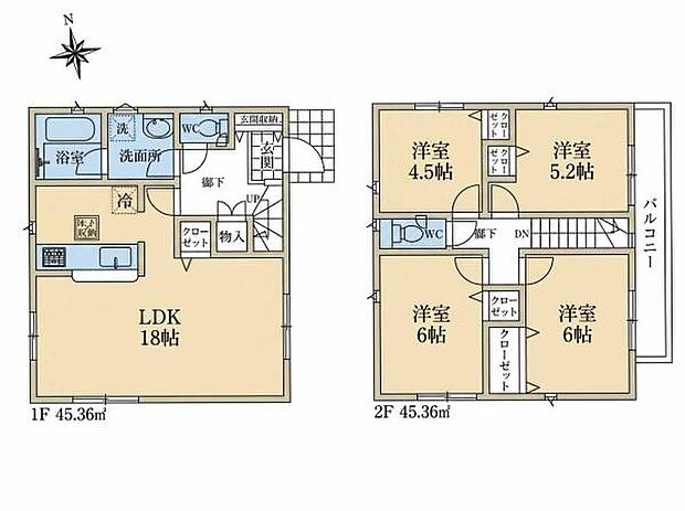 全居室収納付きのスッキリとした4LDK。3面採光×南向きの陽当り・通風良好なLDK18帖。2階に洋室4部屋あり、子育て家族にピッタリです。