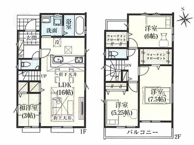 家族が自然と集まるゆとりあるLDK16帖。来客用の客間、キッズスペースなどライフスタイルに合わせてお使いいただける1階和洋室。2階は充実の3居室構成で子育て家族にピッタリ。