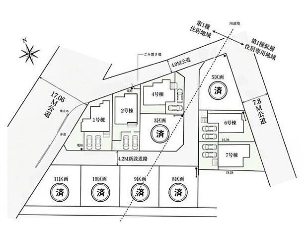 敷地40坪以上のゆとりある全11区画。3方道路に囲まれた開放的な街並みで、陽当りや風通しにも恵まれた住環境です。