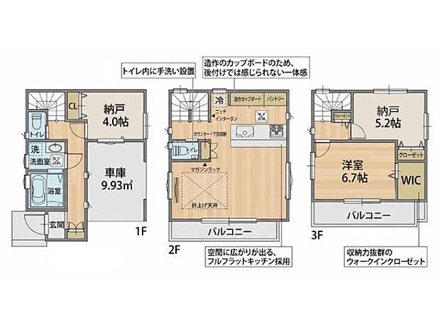 【南西向きで陽当り良好な3階建て】開放感あふれる折上天井のLDK16帖。ライフスタイルに合わせて居室としても活用できる納戸が2ヵ所！