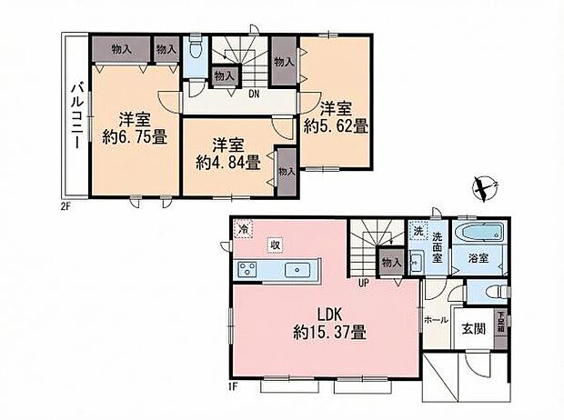 LDK15.37帖×対面キッチン×リビング階段!家族が自然と顔を合わせる間取りで、会話を楽しみながら心地よく過ごせる、温かみのある住空間です。