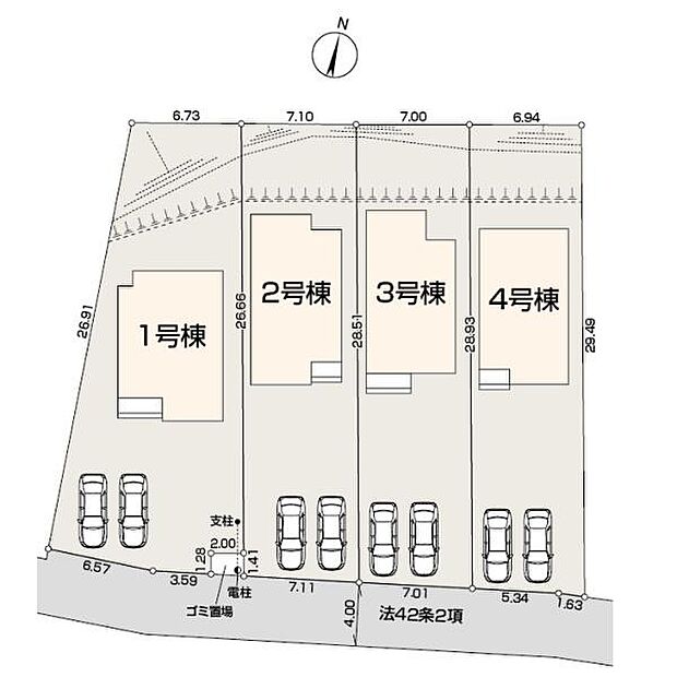 南道路に面した陽当り良好な3~4LDKの全4棟。60坪超の広い敷地に、2台駐車可能なカースペース付き。JR川越線「笠幡」駅徒歩5分。