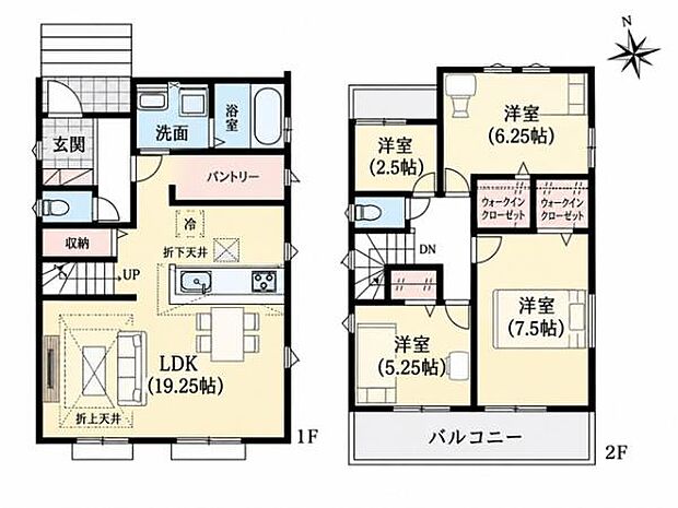 南西向きのLDK19.25帖が魅力の住まい。WIC2か所やパントリーを備え、家族の衣類や日用品もすっきり収納できます。収納力にもこだわった暮らしやすい間取りです。