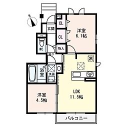 mimosa seta 1階2LDKの間取り