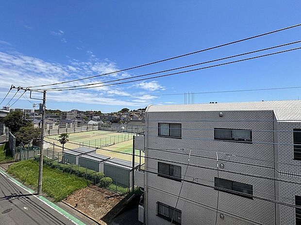 周辺に建物があり、遠くに緑も見える眺望