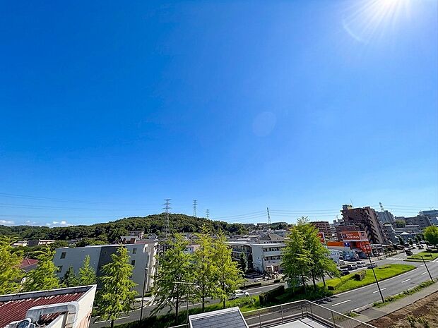 建物の屋上から見た晴天の街並みと緑豊かな周辺環境