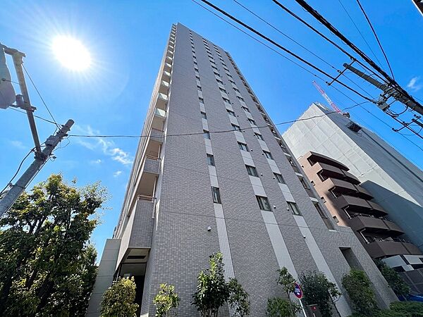 高層マンションの外観、周囲に建物が立ち並ぶ立地環境です