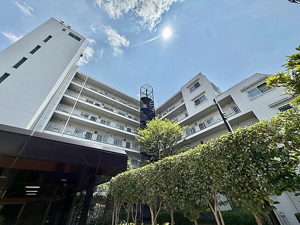 白い外壁のマンション外観と植栽の様子