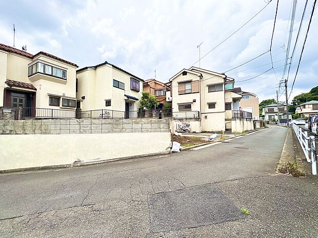 住宅街の道路沿いに立つ複数の戸建て住宅の外観です