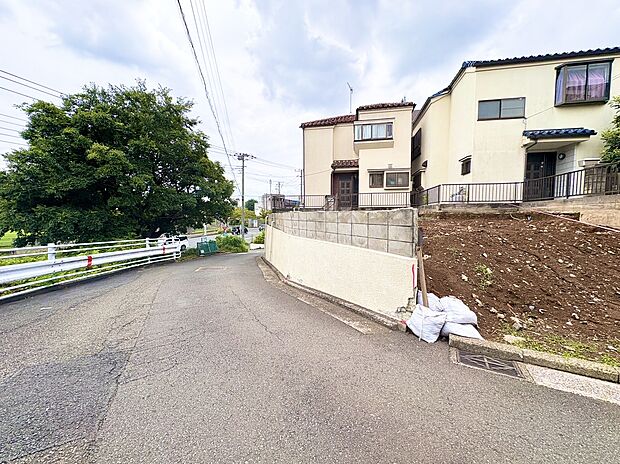 閑静な住宅街の道路沿いの土地と建物の外観