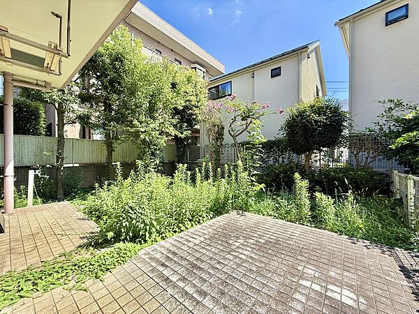 庭付きの戸建て住宅の外観と植栽の様子