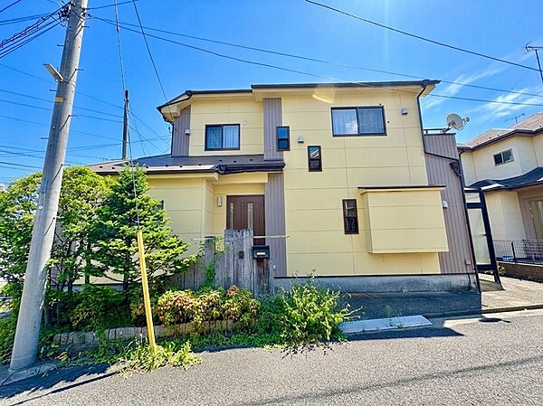 2階建ての住宅、周囲に電柱や植栽がある外観です