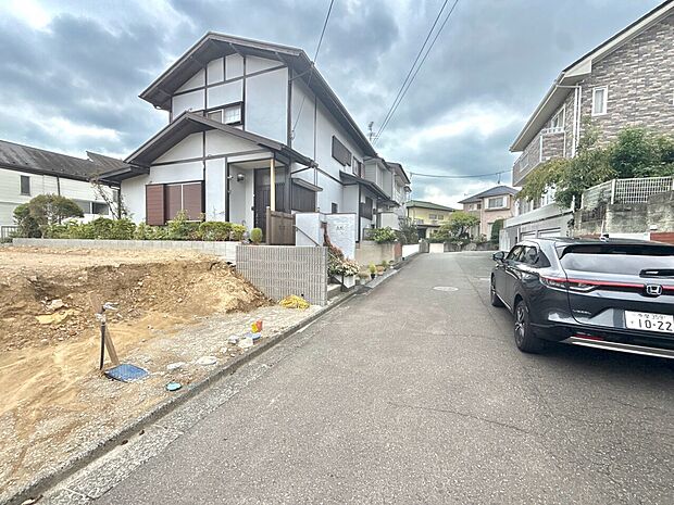 住宅街の道路沿いにある住宅と空き地の様子