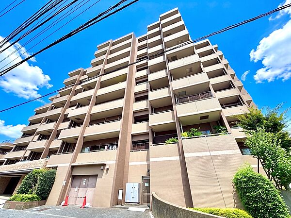 複数階建てのマンション外観、周辺に電柱あり