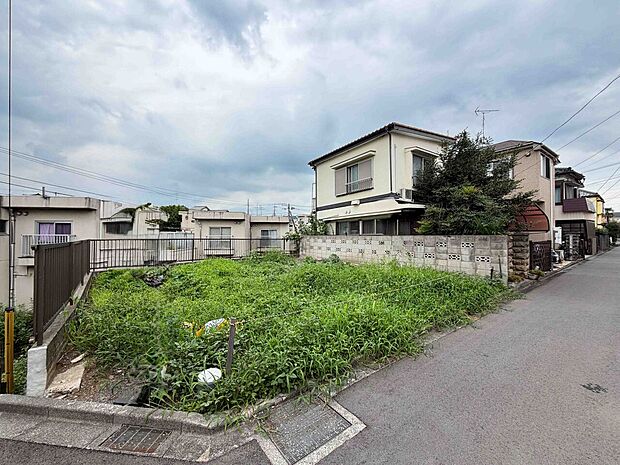 住宅街の角地にある敷地が草で覆われています