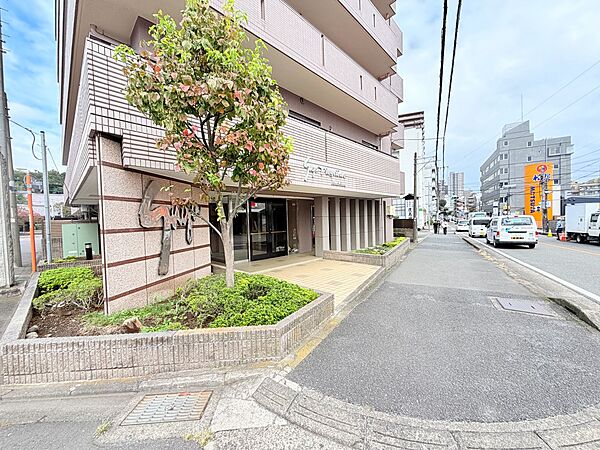 建物前の道路と歩道、周辺の街並み