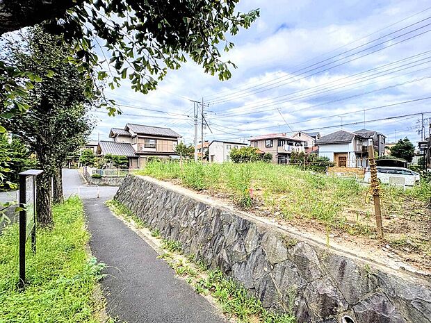 石垣沿いの細道と周辺の住宅・緑地