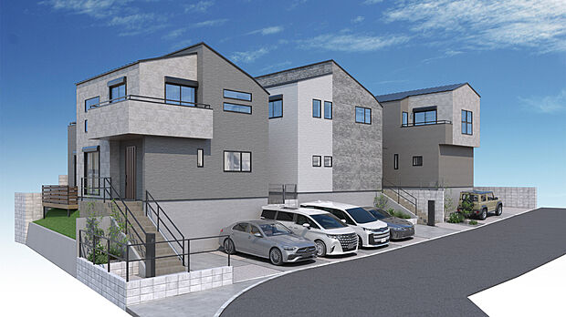複数棟の戸建て住宅と駐車スペース