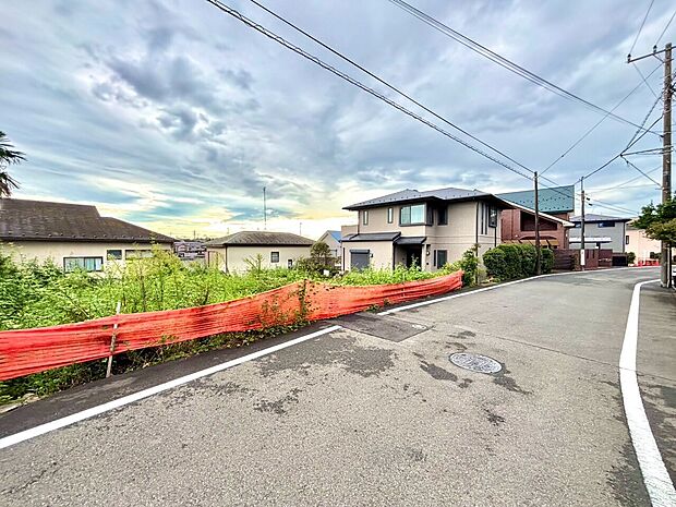 道路沿いの住宅街と周辺の田園風景