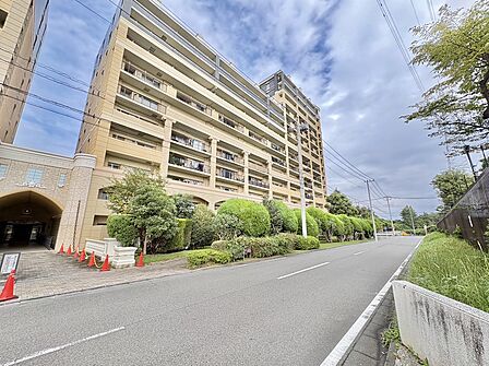 緑に囲まれた集合住宅の外観と前面道路