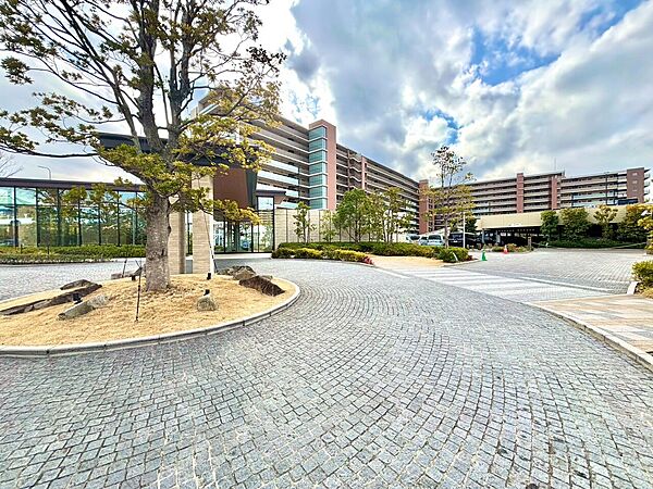石畳の広場と植栽、建物が見える敷地内風景