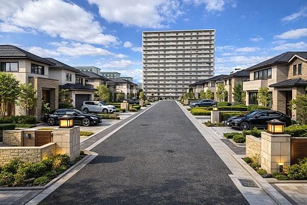本画像は完成予想イメージ（CG）であり、実際の建物配置・外観・外構・植栽等とは異なる場合があります。