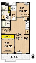 西武池袋線 練馬駅 徒歩8分の賃貸マンション 2階2LDKの間取り