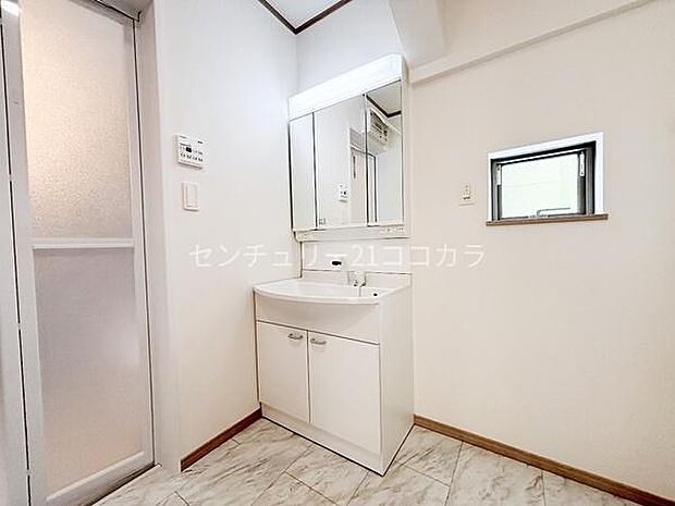 服を着たまま洗髪もできる3面鏡シャンプードレッサー！洗面ボウルはホームクリーニングの時にも使いやすい大きさです。収納にはストック用の洗剤などを片付けられます。