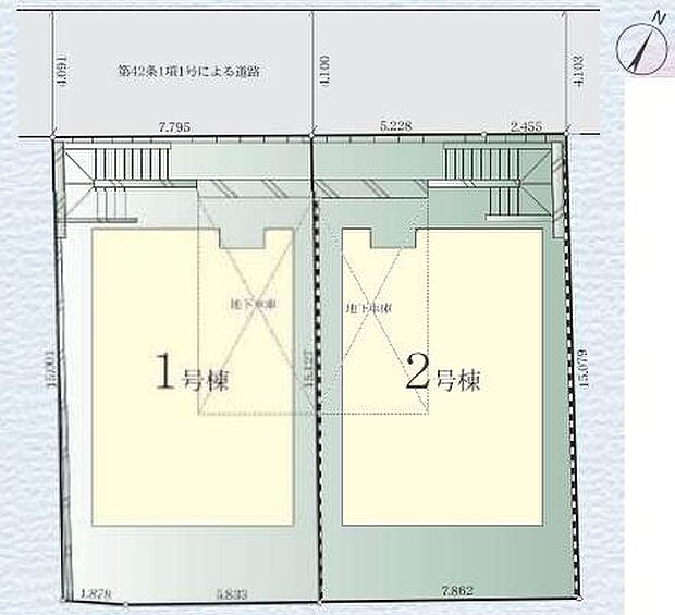 区画図1号棟 カースペースあり。綺麗な整形地です。