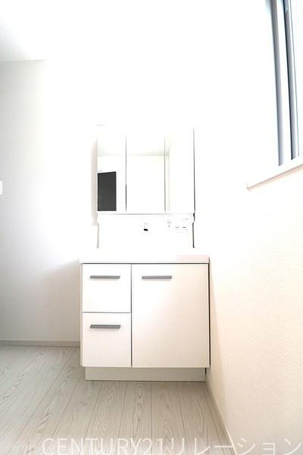 豊富な収納付きの3面鏡付き化粧台です。日用品や歯ブラシや髭剃りなどいろいろ収納出来ちゃいます。