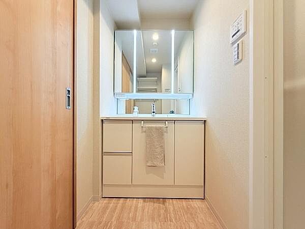 嬉しい3面鏡化粧台です。鏡の裏が収納スペースになっており小型のドライヤーや化粧品等、収納力もたっぷりございます。