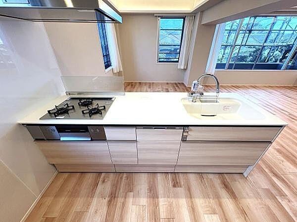 木目調で温かみある対面式システムキッチン。3口コンロ・食洗機・浄水器付で使い勝手◎たっぷりのキッチン収納＆食器棚付でキッチンまわりを綺麗に使用できます。