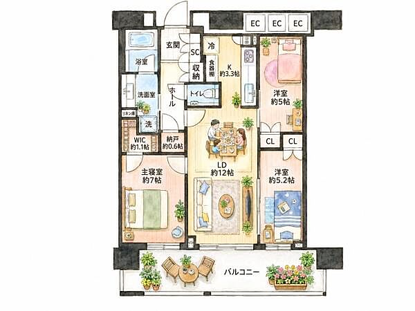 間取り図（3LDK）：家族団欒できる広々とした約15.3帖LDK、ゆとりある約7帖の主寝室、約5.2帖・5帖の洋室。約1.1帖ある大容量のWIC＆約0.6帖の納戸付！各居室に充実の収納付！