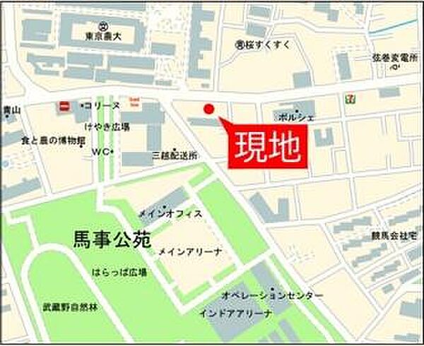 現地案内図：カーナビインプット　東京都世田谷区桜3-17-13とご入力ください。