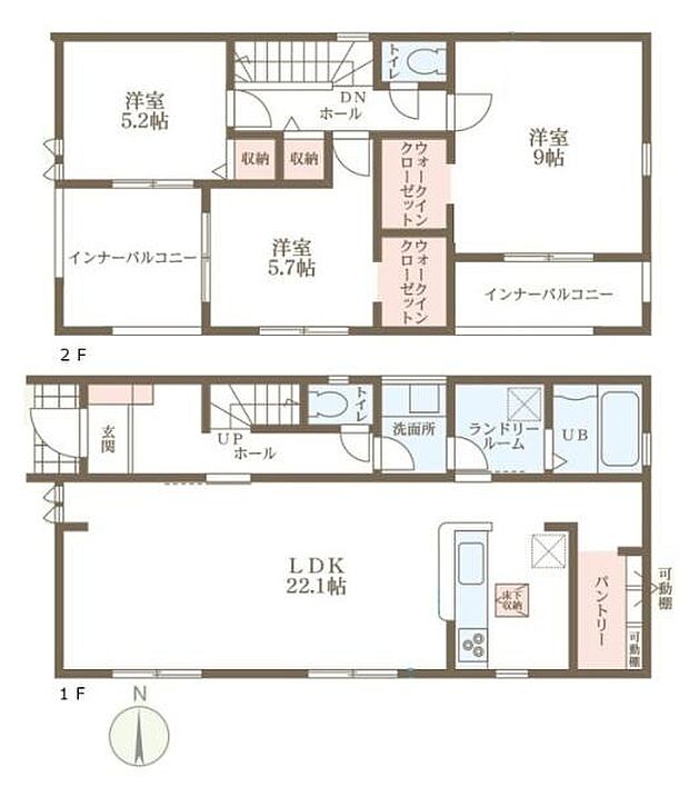 ■広々したリビング22.1帖・3LDK+2WICの間取り!大容量の収納など、ご家族のお住まいにピッタリです!