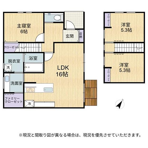 1階に寝室があり、ランドリールームとファミリークローゼットがある間取り！ファミリークローゼット→洗面所→脱衣室なのでお片付けもラクラク