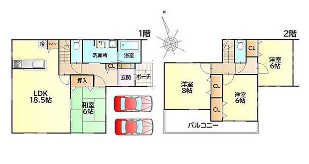 【間取り図】陽当たり良好な4LDKのお家。駐車スペース2台分ございます♪