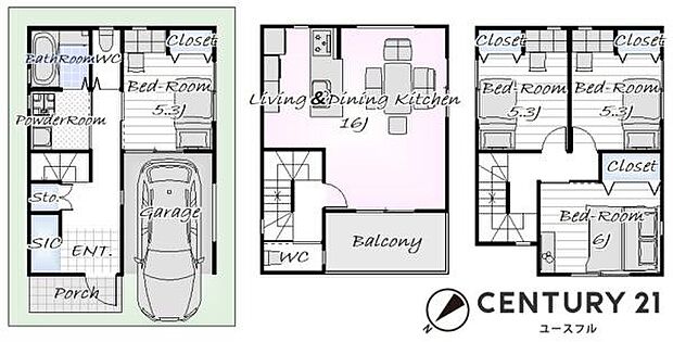 1階は車庫、洋室1部屋と風呂・洗面・トイレ。2階はLDK16帖にインナーバルコニーとトイレ、3階は洋室3部屋。非常に使いやすい3階建です。