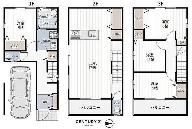 建築プラン例【間取り】延床面積：97.19平米　間取り4LDK1F：28.35平米・2F：34.42平米・3F：34.42平米