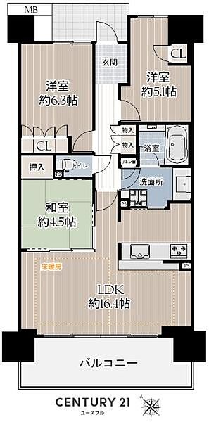 専有面積:71.67平米　バルコニー面積:12.35平米　間取り:3LDK！