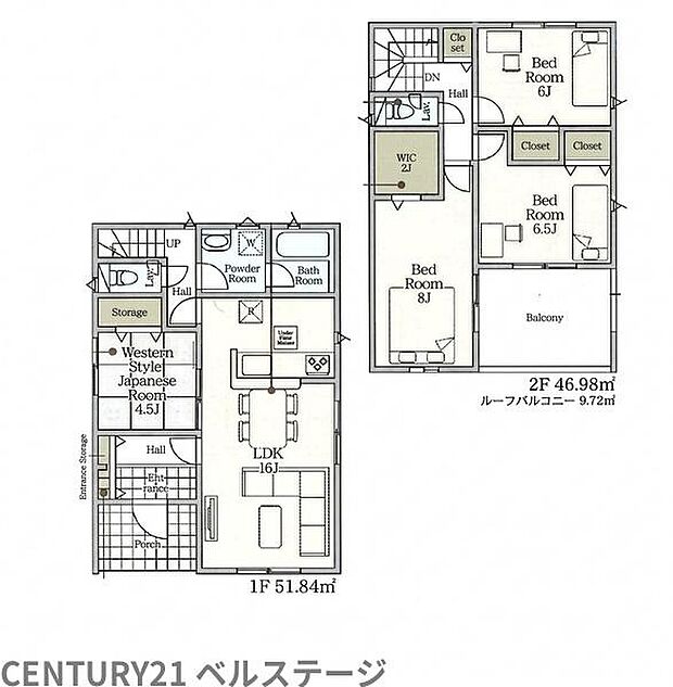 1階にLDKと和室、2階に洋室3部屋を配置したゆとりある4LDK。家族が集まるLDKと独立した居室をバランスよく確保し、暮らしやすさに配慮された間取りです。各居室に収納もあり、住空間をすっきり保てます