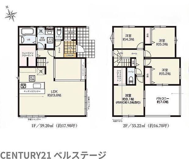 23帖のゆとりあるリビング!どんな家具を置こうか楽しみが広がりますね!全居室には収納もありお部屋を最大限使えるのも嬉しいポイント!WICは1課・2階にあり収納に困らない!