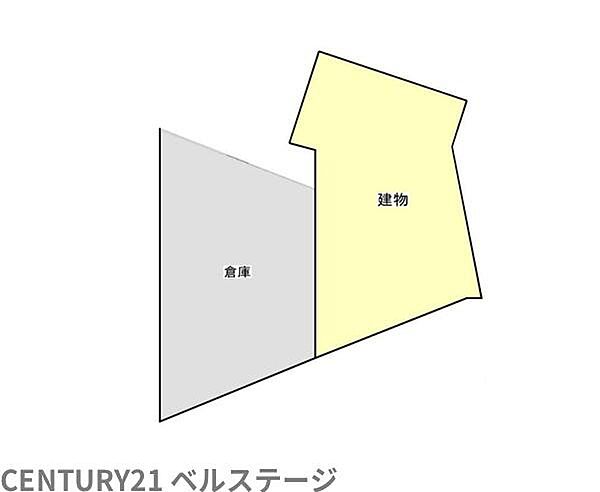 敷地内の建物と倉庫の配置を分かりやすく確認できる区画図です。建物と倉庫の位置関係や敷地の形状を事前に把握でき、現地見学の際にも敷地全体の使い方をイメージする参考になります。
