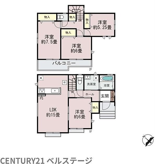 約15帖のLDKを中心に、家族がゆったり過ごせる4LDKの住まい。2階には洋室3部屋とバルコニーを備え、家族それぞれのプライベート空間もしっかり確保。収納も充実し、暮らしやすさに配慮した間取りです。