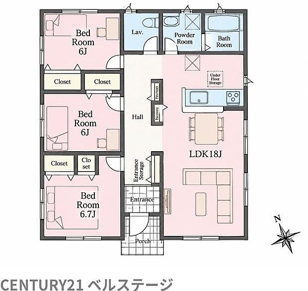 18帖の広々LDKを中心に、家族が自然と集まる3LDKの平屋。各居室に収納を備え、衣類や日用品もすっきり整理。ワンフロアで家事や生活動線もスムーズな、暮らしやすさが魅力の住まいです。