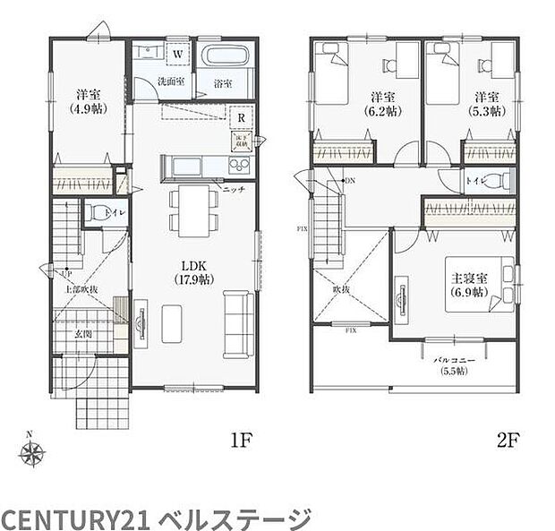 17.9帖のLDKを中心に、家族それぞれの居室を確保したゆとりの4LDK。リビングで家族が集まりながらも、プライベート空間もしっかり確保できる、暮らしやすさを考えた間取りです。