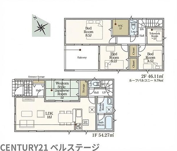 1階にLDKと和室、2階に洋室3部屋を配置したゆとりある間取り。家族が集まるLDKと独立した居室をバランスよく確保、暮らしやすさに配慮された間取り。テレワークルーム付で在宅ワークやお子様の勉強部屋に！