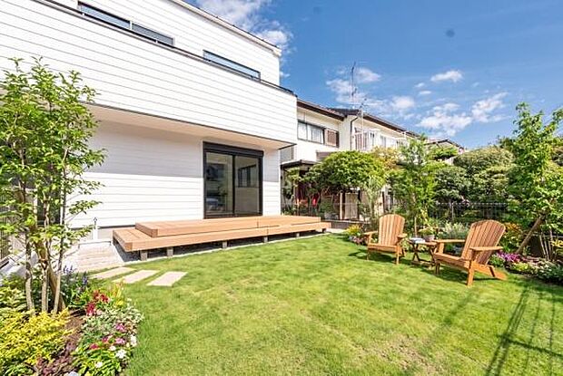 「ガーデンスペース利用例」※画像の芝生、植栽、家具等はAIによる画像で実際には配置されておらず、価格にも含まれておりません。ウッドデッキは標準装備されており価格に含まれております。