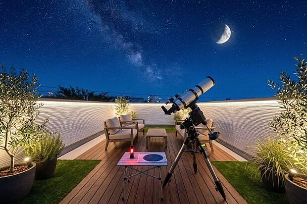 「大型ルーフバルコニー」夜は星空を眺めながら、静かで豊かな時間をお過ごしください。※画像の夜景風景、ウッドデッキ、芝生、植栽や家具はAIにて画像処理をしたイメージ画像です。